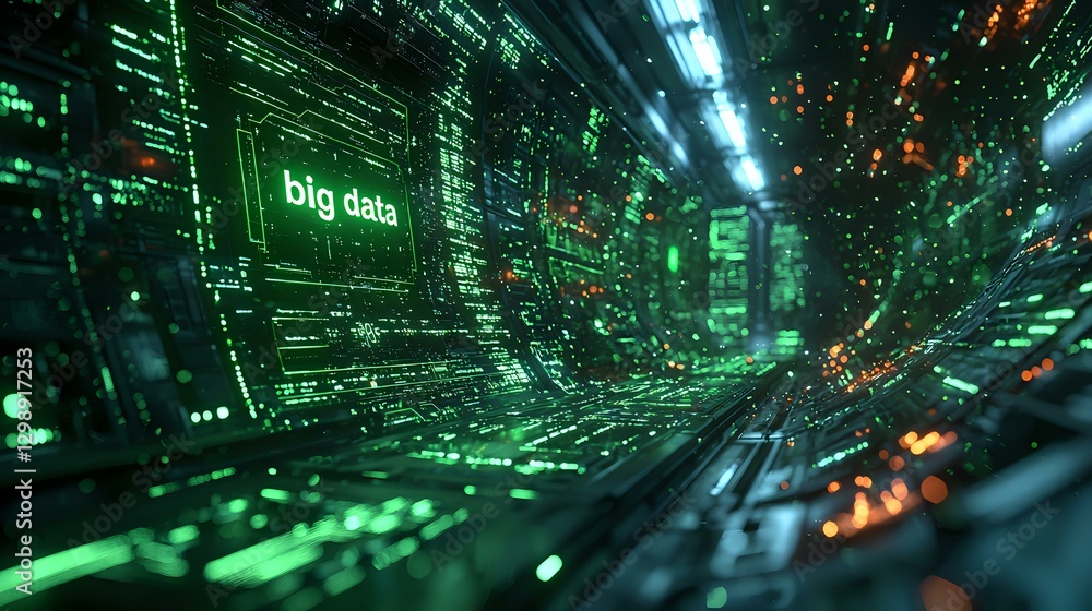 Fototapeta premium Abstract digital tunnel with glowing green data streams and information flows, representing big data and cyber technology in modern computing environment.