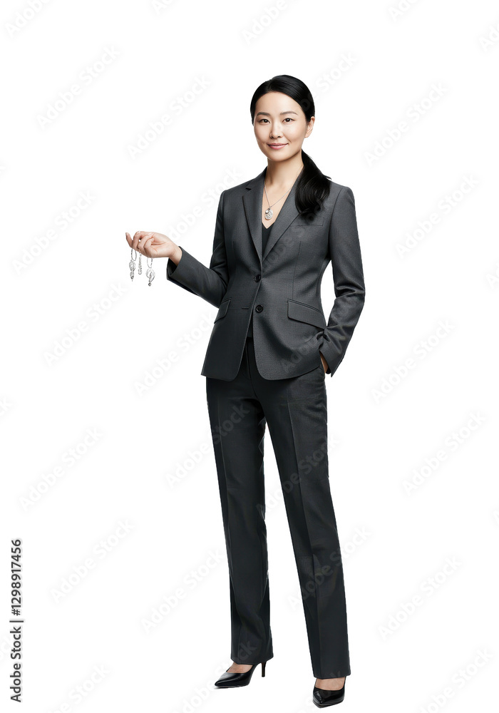 Confident businesswoman in a suit holding keys, standing in a modern office isolated on transparent background PNG image Confident businesswoman in a suit holding keys, standing in a modern office isolated on transparent background PNG image