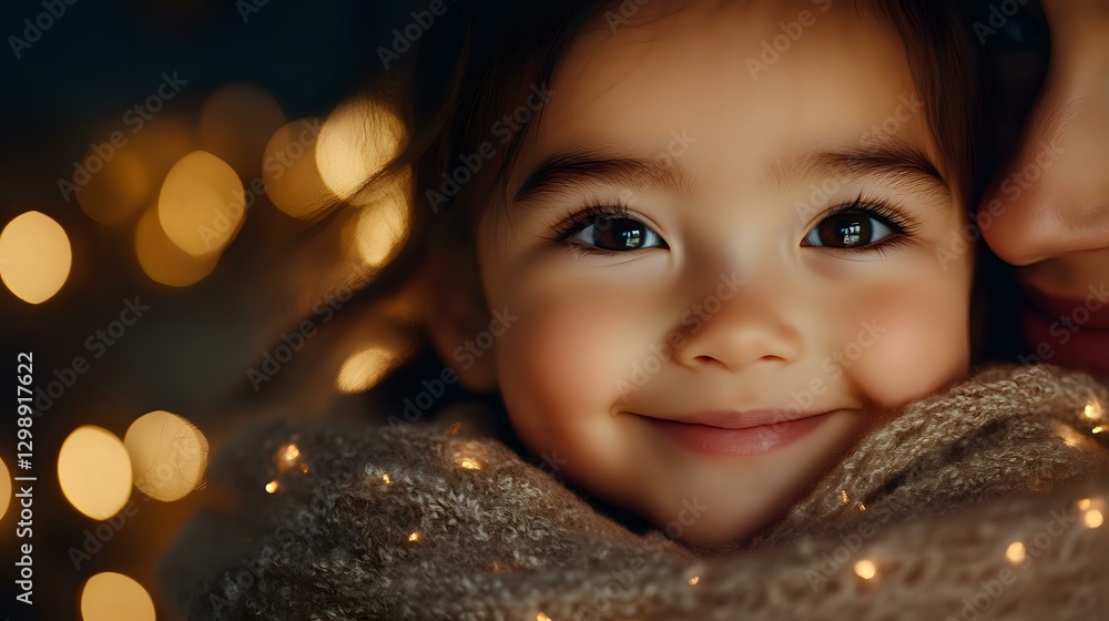 Young Asian girl smiling warmly while wrapped in cozy blanket, soft bokeh lights creating magical holiday atmosphere in background, childhood joy and wonder. Young Asian girl smiling warmly while wrapped in cozy blanket, soft bokeh lights creating magical holiday atmosphere in background, childhood joy and wonder.