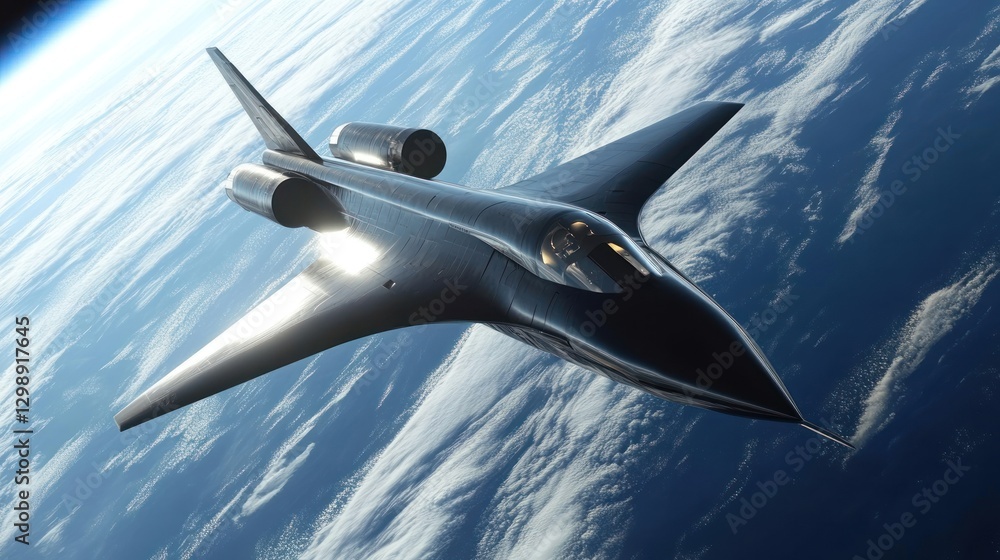 Fototapeta premium Futuristic jet plane in space, Earth view