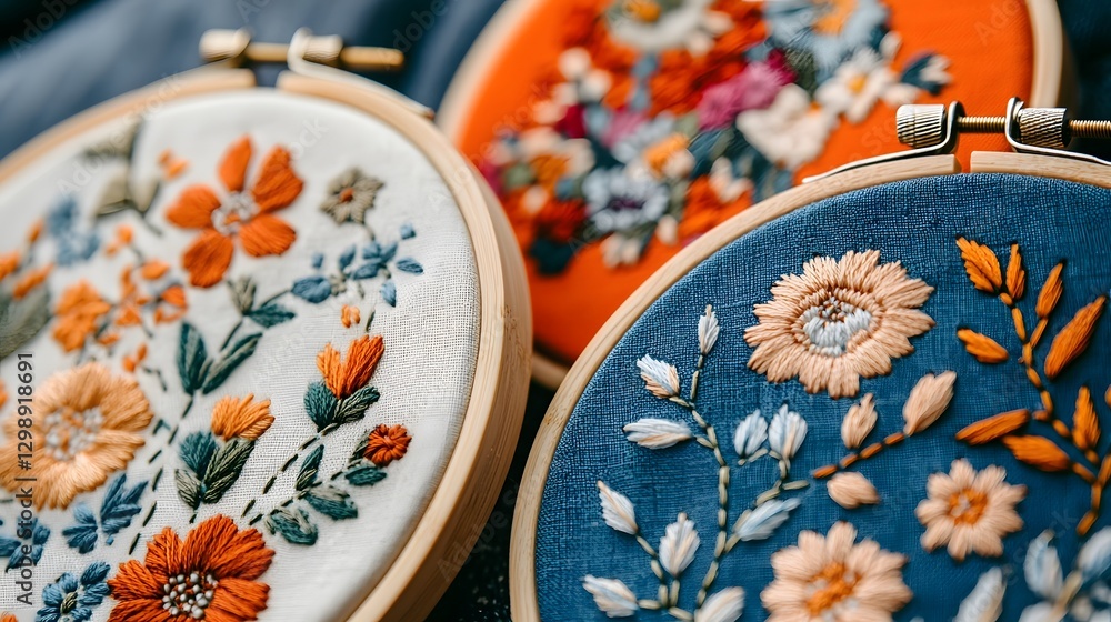 Fototapeta premium Handmade Floral Embroidery Hoops with Soft Blurred Background for Crafty