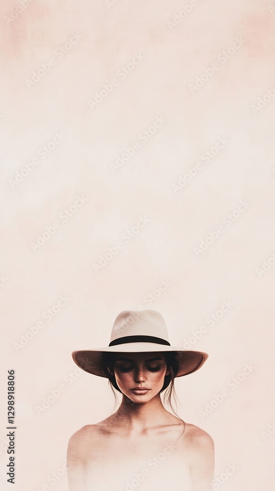 Confident woman stylish hat blush backdrop Confident woman stylish hat blush backdrop
