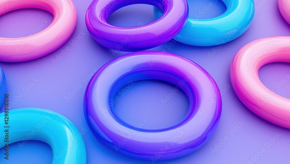 Colorful glossy rings with smooth textures on a purple background, vibrant shiny shapes reflecting light in an artistic modern composition Colorful glossy rings with smooth textures on a purple background, vibrant shiny shapes reflecting light in an artistic modern composition
