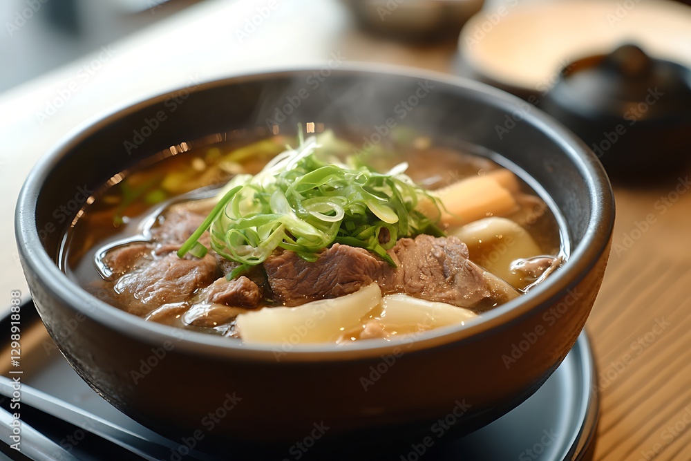 Steaming Bowl of Beef Udon Soup with Green Onions Steaming Bowl of Beef Udon Soup with Green Onions