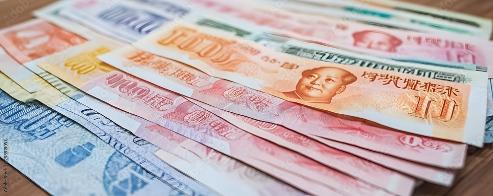 Assorted global currency featuring chinese yuan in a scattered pile Assorted global currency featuring chinese yuan in a scattered pile