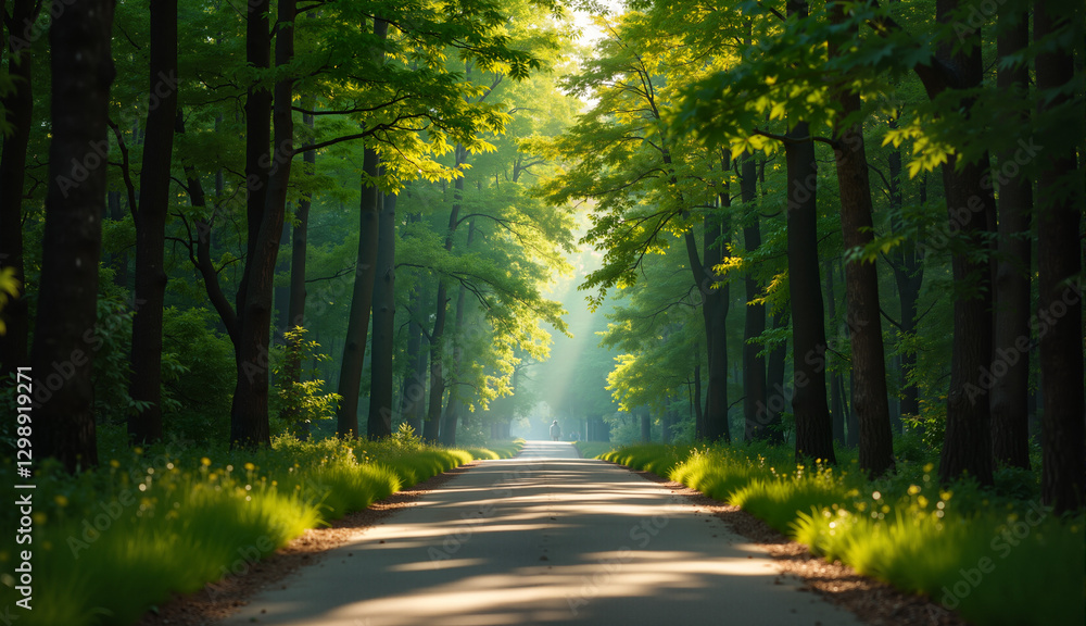 Fototapeta premium Sunlit Tree-Lined Road in Green Colors Representing Tranquility