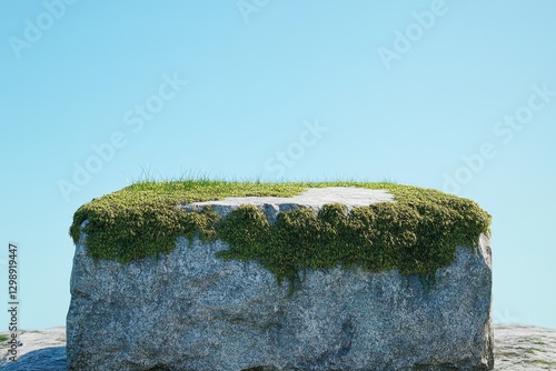 Lush green moss covering a stone under a clear blue sky in a serene natural setting photo