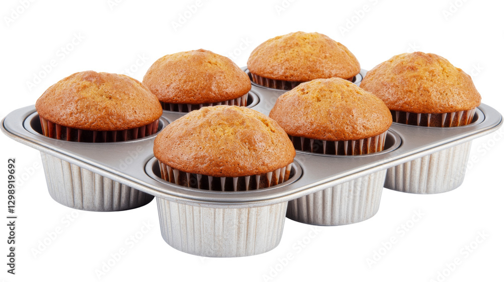 Six golden muffins baking in a metal muffin tin on transparent background Six golden muffins baking in a metal muffin tin on transparent background