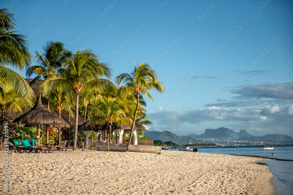 Obraz premium A beach covered with majestic palm trees in Mauritius