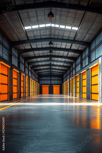 Industrial warehouse interior with large metal beams, yellow accents, and clean lines, showcasing a modern, spacious, and functional environment for manufacturing or logistics