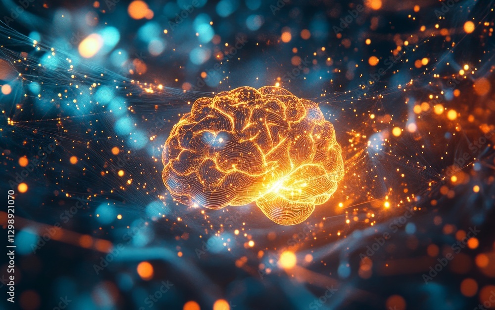 Futuristic human brain with glowing neural connections in blue and orange light Futuristic human brain with glowing neural connections in blue and orange light