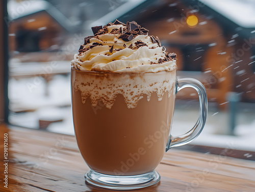 A luxurious Belgian hot chocolate with whipped cream and dark chocolate shavings.