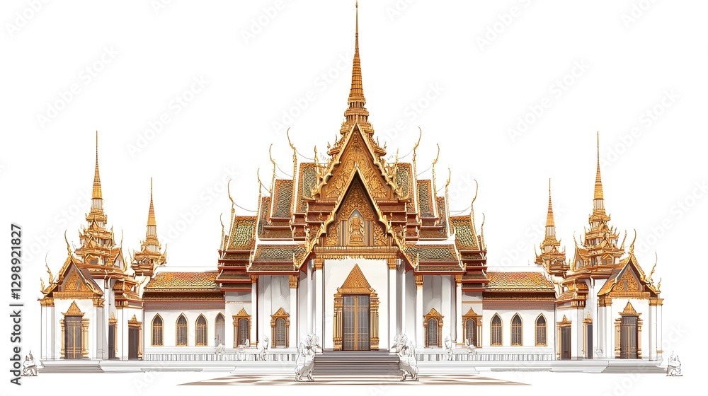 Fototapeta premium Traditional Thai Buddhist Temple with Ornate Golden Roof and Elegant Spires on Clean White Background
