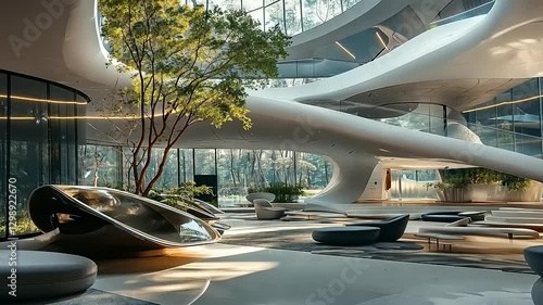 Futuristic modern interior showcasing flowing architectural design, natural light, and serene park views.
