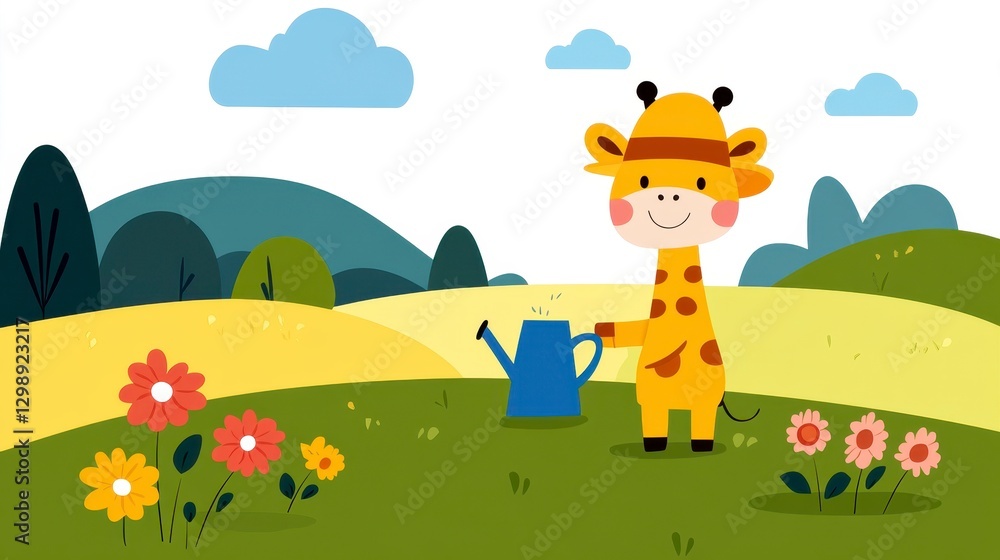 Happy Cartoon Giraffe Watering Flowers in a Colorful Landscape Happy Cartoon Giraffe Watering Flowers in a Colorful Landscape