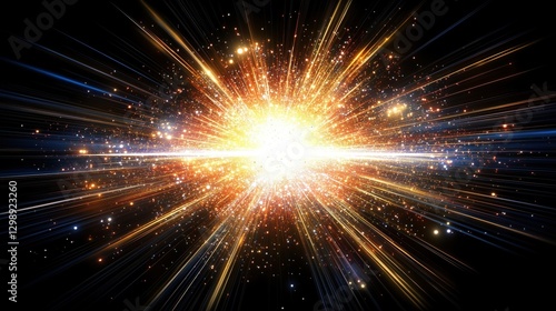 A vibrant explosion of light and color radiating from a central point against a dark background.