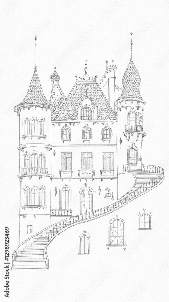 Fototapeta premium Black And White Sketch Of A Grand European Style House With Detailed Facade And Stairs And A Balcony And A Courtyard with Windows and A Roof and Chimneys and Towers and Arches and Ornate Design