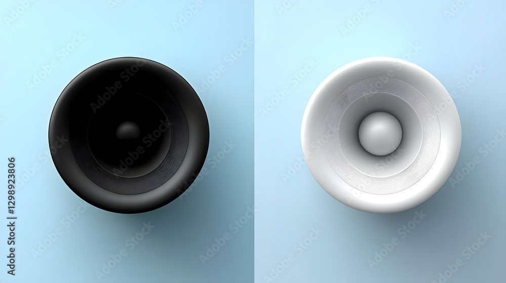 Minimalistic black and white bowls placed on a light blue background, showcasing modern design aesthetics Minimalistic black and white bowls placed on a light blue background, showcasing modern design aesthetics