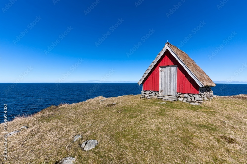 A windswept cliffside with a small, isolated house overlooking the ocean A windswept cliffside with a small, isolated house overlooking the ocean