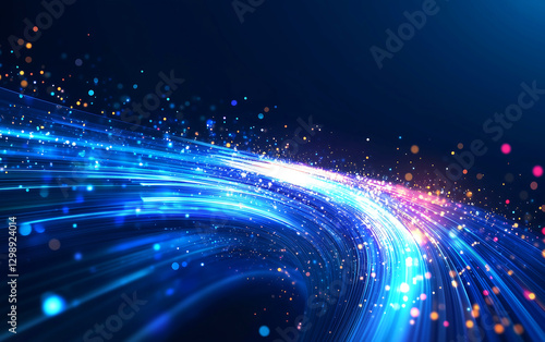 Futuristic neon light trails curving through space, representing high-speed motion, digital energy, sci-fi acceleration, cyber technology, innovation, and cosmic velocity