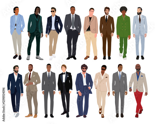 Set of elegant businessmen wearing smart casual and formal outfit. Collection of handsome male characters different races, body types. Vector flat realistic illustration isolated 
