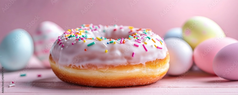 A close-up of an Easter doughnut with white icing and colorful sprinkles, surrounded by pastel-colored eggs on against a pink background. Happy Easter Festival Food Concept, April 2025. A close-up of an Easter doughnut with white icing and colorful sprinkles, surrounded by pastel-colored eggs on against a pink background. Happy Easter Festival Food Concept, April 2025.