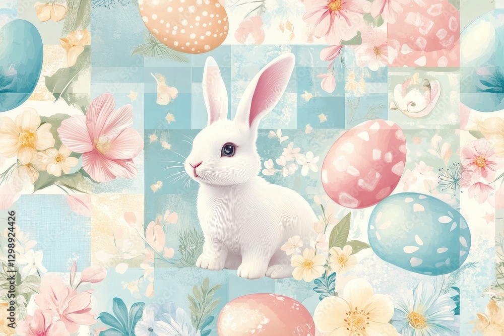 A cute seamless pattern with Easter eggs, bunnies, and spring flower A cute seamless pattern with Easter eggs, bunnies, and spring flower