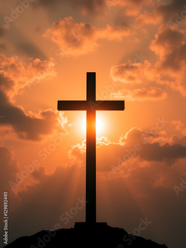 A silhouette before a glowing cross in a dramatic sky representing hope and resurrection at dawn