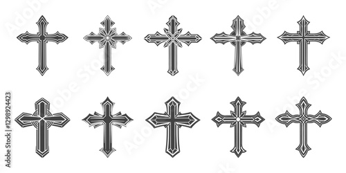 Set of Christian crosses. Decorative crucifix religion symbol. Orthodox faith church icon design. Illustration.