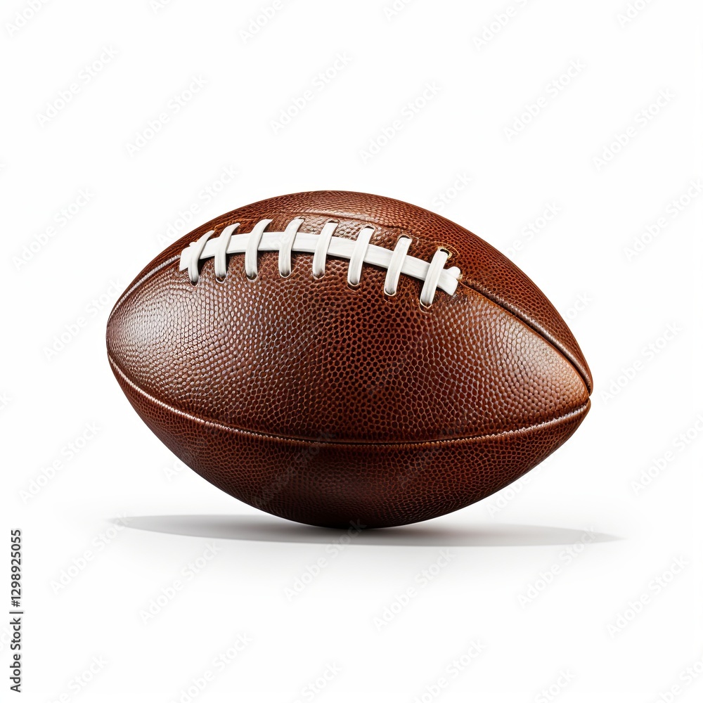 Closeup view of a classic American football with white stitching on a clean white background Closeup view of a classic American football with white stitching on a clean white background