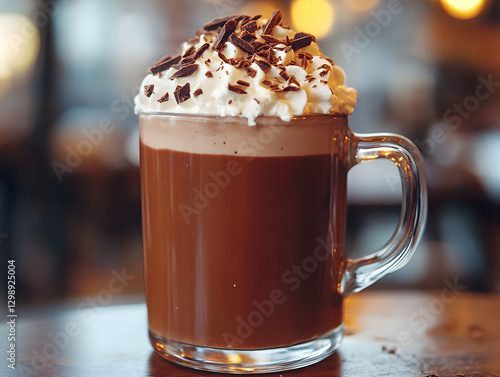 A luxurious Belgian hot chocolate with whipped cream and dark chocolate shavings.