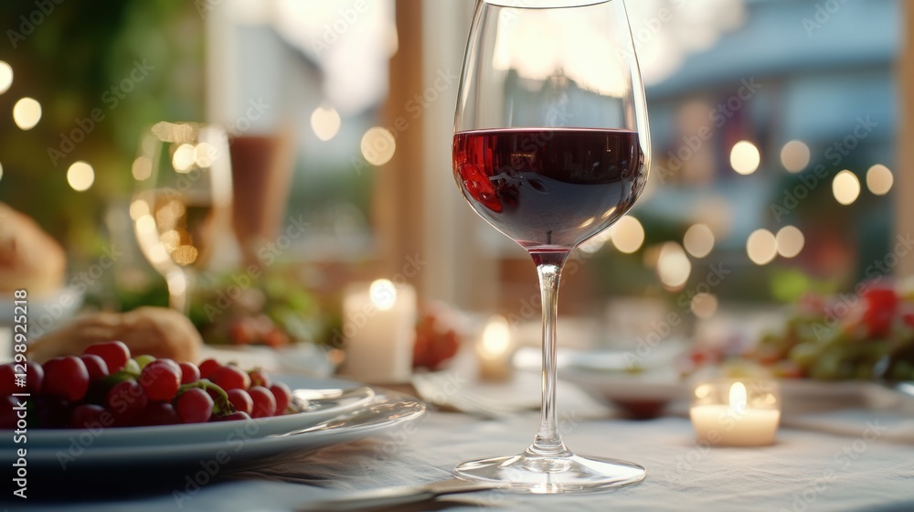 Red wine in a glass against the background of a romantic dinner. Red wine in a glass against the background of a romantic dinner.