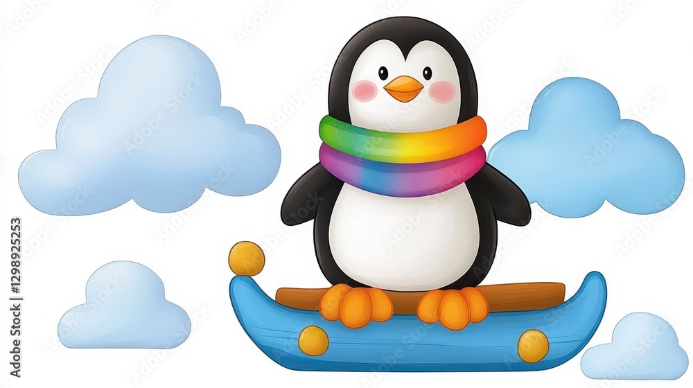 Obraz premium Cute Cartoon Penguin on a Colorful Boat with Playful Clouds