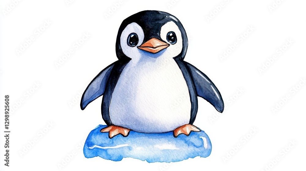 Obraz premium Cute Penguin Standing on Iceberg Illustration in Watercolor Style