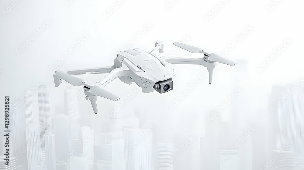 Naklejka premium White Drone Flying Above Abstract White Cityscape Against A Bright Sky