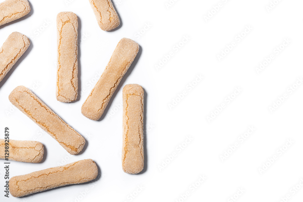 Italian biscuits ladyfingers savoiardi isolated on white background. Top view. Copy space Italian biscuits ladyfingers savoiardi isolated on white background. Top view. Copy space
