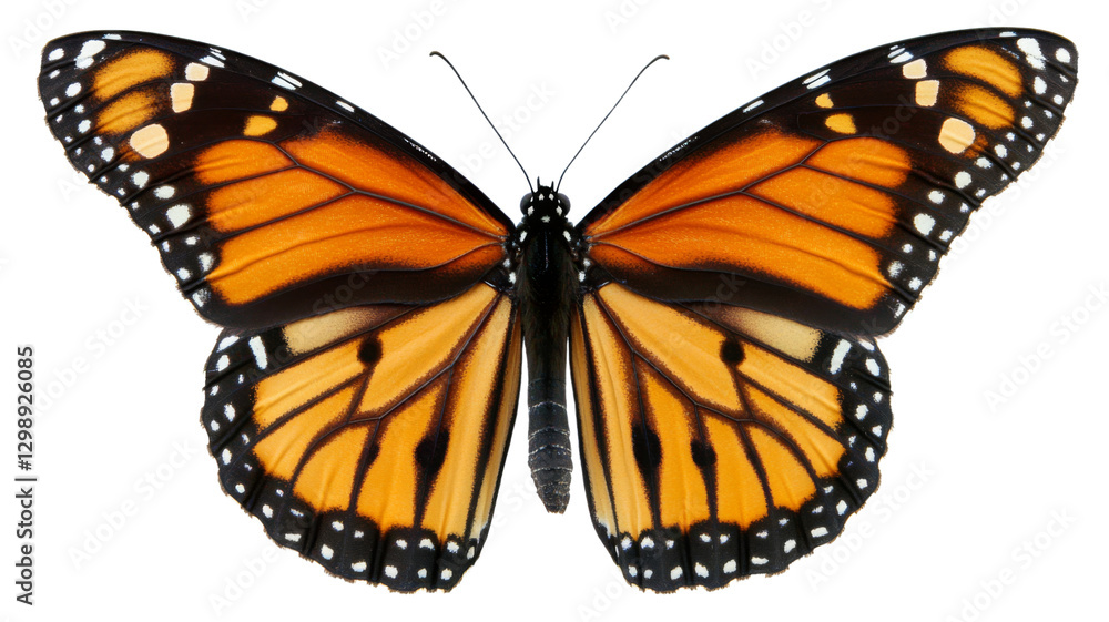 Fototapeta premium Colorful monarch butterfly with spread wings isolated on transparent background