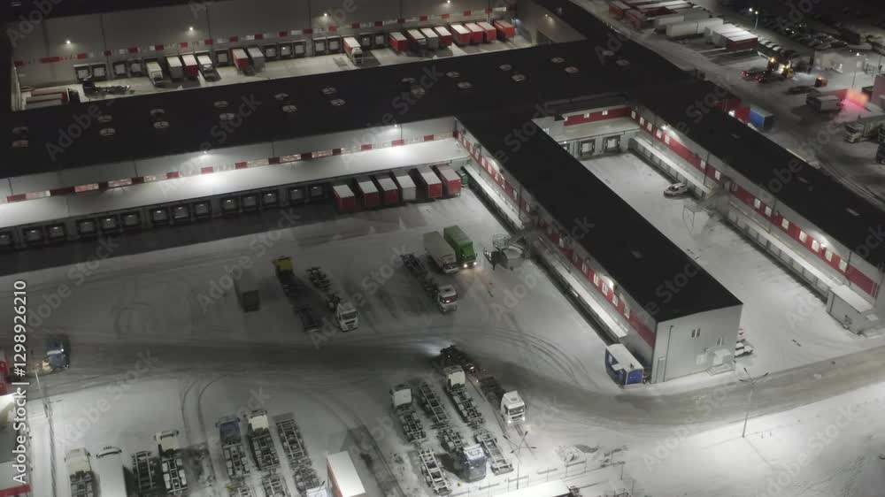 Aerial View of Logistics Hub at Night with Snowy Truck Yard. Large Distribution Center with Loading Docks, Semi-Trucks and Warehouse Operations in Winter Aerial View of Logistics Hub at Night with Snowy Truck Yard. Large Distribution Center with Loading Docks, Semi-Trucks and Warehouse Operations in Winter
