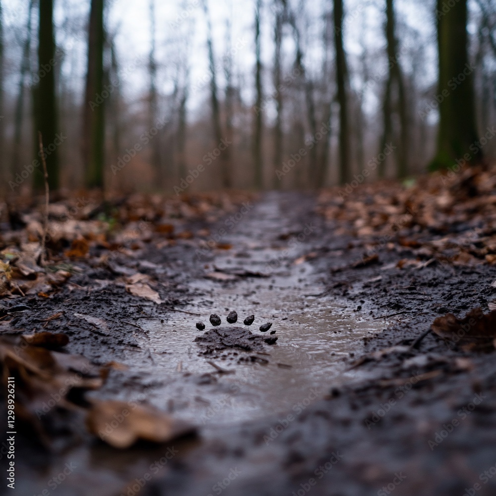 Muddy paw print trail forest autumn walk Muddy paw print trail forest autumn walk