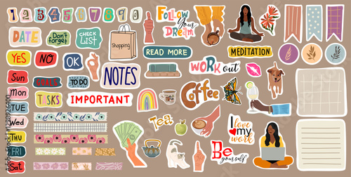 Set of weekly, daily planner stickers. Cute cartoon image, trendy lettering, washi tape for diaries. Signs, symbols, objects for scheduler or organizer. Colorful vector illustrations.