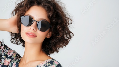 Wallpaper Mural Stylish woman in sunglasses posing on a white background.  Torontodigital.ca