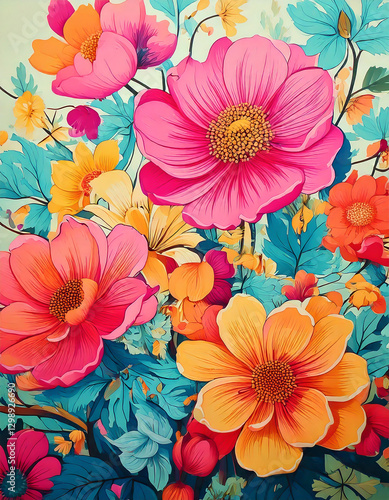 Wallpaper Mural Colorful Floral Art with Pink, Yellow, and Blue Blooms Torontodigital.ca