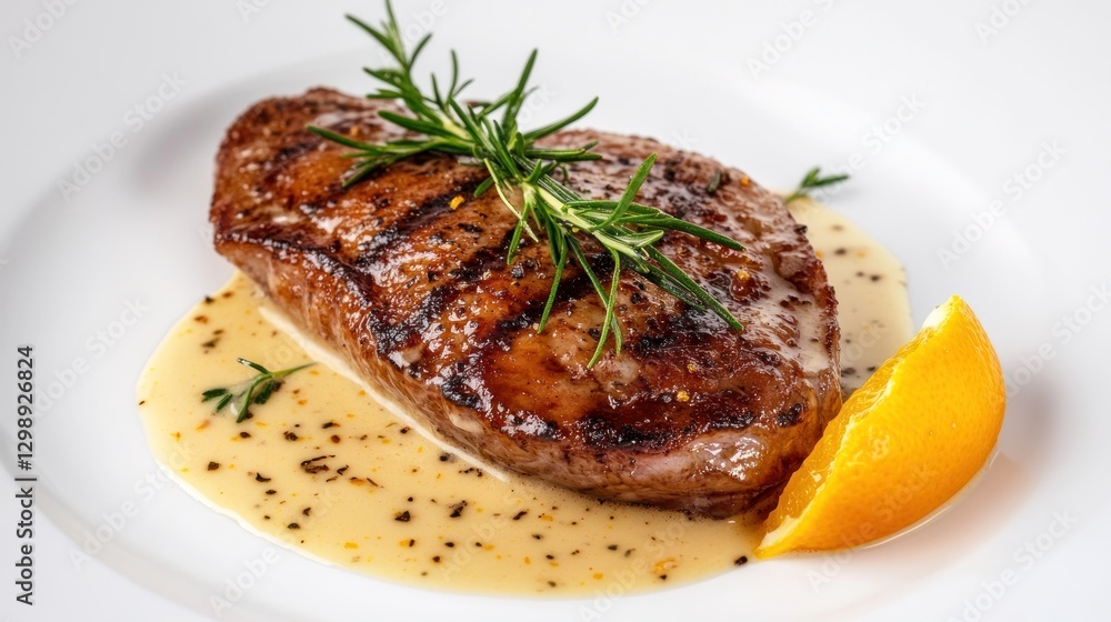 Grilled Duck Breast with Orange Sauce on Plate Grilled Duck Breast with Orange Sauce on Plate