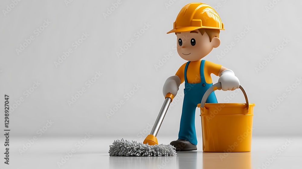 Child cleaning with mop and bucket indoor setting toy figure playtime Child cleaning with mop and bucket indoor setting toy figure playtime