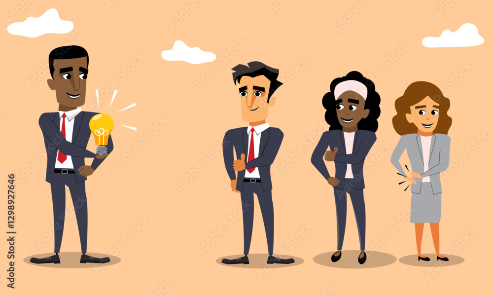 Businessman congratulated by business team for solving a problem, lightbulb representative of completing a business task or analysis Businessman congratulated by business team for solving a problem, lightbulb representative of completing a business task or analysis