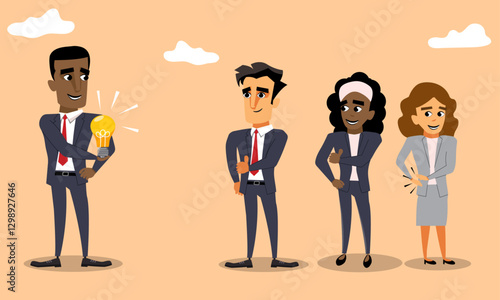 Businessman congratulated by business team for solving a problem, lightbulb representative of completing a business task or analysis