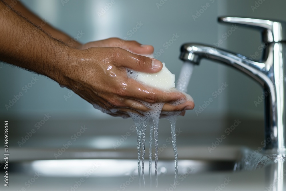 A highly detailed realistic image of a healthcare professional washing hands under running water. A highly detailed realistic image of a healthcare professional washing hands under running water.