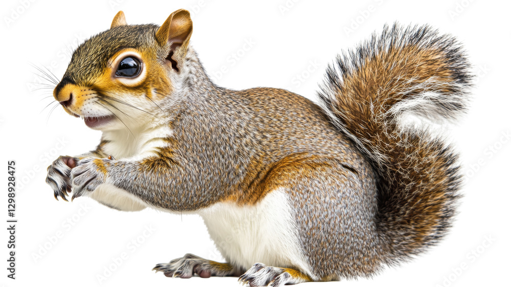 Fototapeta premium Eastern gray squirrel holding paws up on transparent background