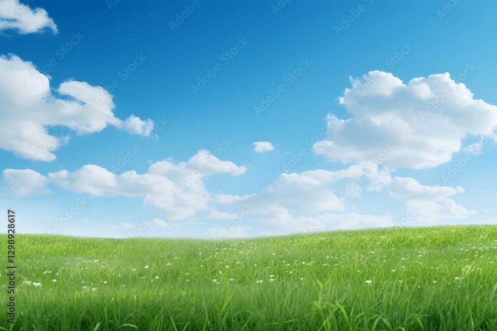 Picturesque Green Field with Clear Blue Sky and Fluffy White Clouds Scenic Landscape Picturesque Green Field with Clear Blue Sky and Fluffy White Clouds Scenic Landscape