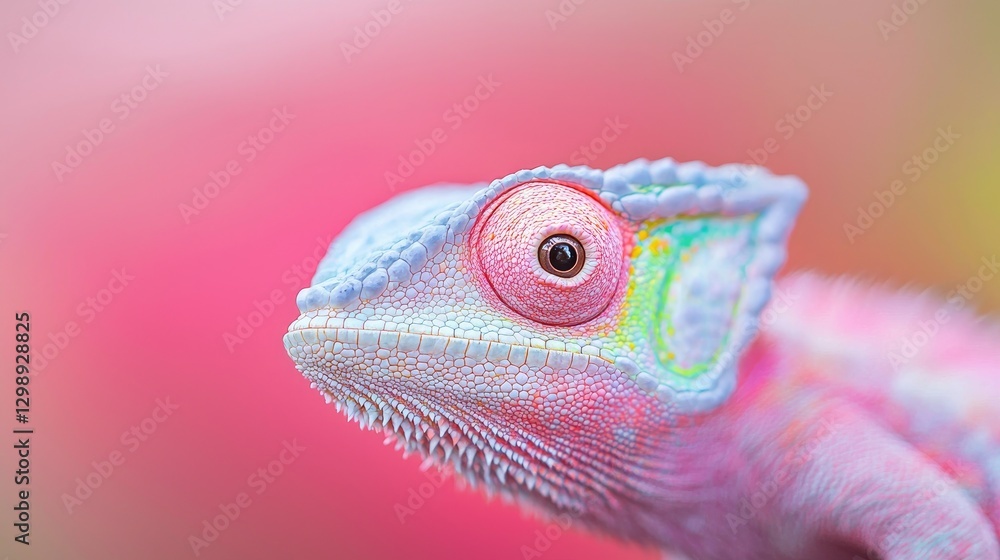 Obraz premium Colorful panther chameleon close-up profile showing vibrant pink and blue scales against a soft pink background.